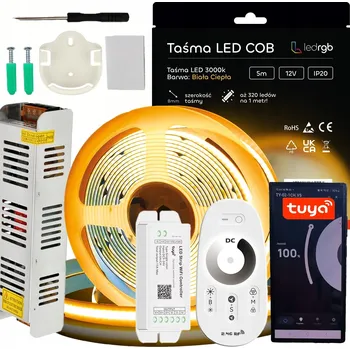 LED páska Sada LED COB pásek 12V 5m 3000K TEPLÁ BÍLÁ NAPÁJECÍ ZDROJ TUYA WIFI DÁLKOVÝ OVLADAČ RF