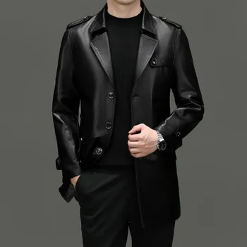 Pánský kabát Best Fashion Pánský dlouhý kožený kabát pro formální styl Barva: Černá, Velikost: 4XL