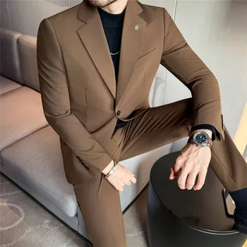 Pánský oblek Best Fashion Pánský elegantní oblek se sakem a kalhotami Barva: Světle Hnědá, Velikost: 5XL