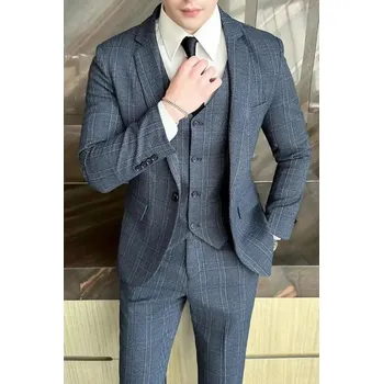 Pánský oblek Best Fashion Pánský elegantní třídílný oblek v moderním střihu Barva: Modrá, Velikost: S