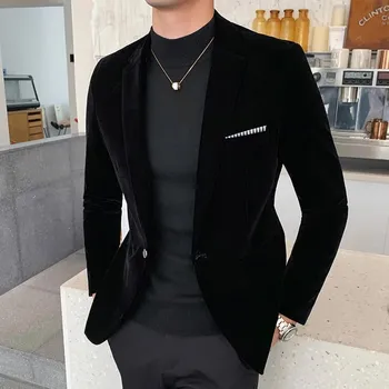 Best Fashion Pánské sametové sako pro podzimní elegantní styl Barva: Černá, Velikost: 4XL