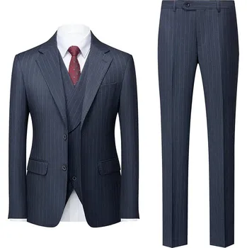 Best Fashion Pánský proužkovaný třídílný oblek v elegantním stylu Velikost: S, Barva (Varianta): 699 Tmavě modrá