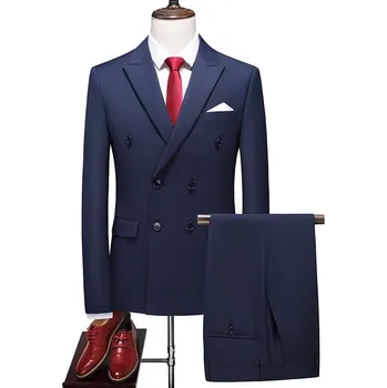 Pánský oblek Best Fashion Pánský dvouřadý oblek v elegantním stylu Barva: Tmavě Modrá, Velikost: L