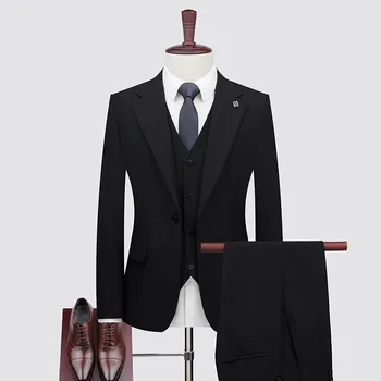 Pánský oblek Best Fashion Pánský lehký třídílný oblek pro léto Barva: Černá, Velikost: XXS