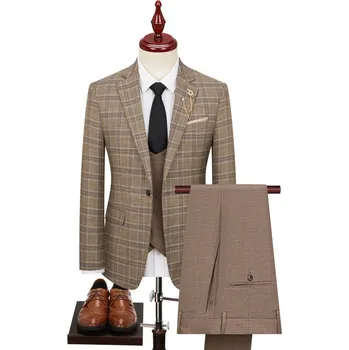 Pánský oblek Best Fashion Pánský kostkovaný oblek pro slavnostní příležitosti Barva: Khaki, Velikost: 3XL