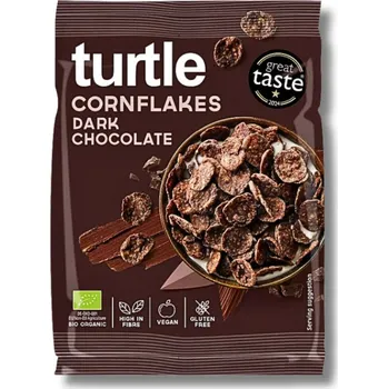 Turtle | Bio Kukuřičné lupínky v hořké čokoládě Obsah: 40 g bez lepku • méně cukru • bohaté na vlákninu • čokoládová chuť