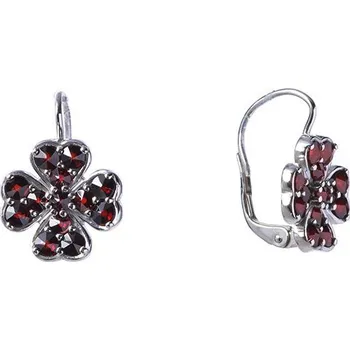Náušnice Stříbrné náušnice s českým granátem, rhodiované - čtyřlístek Zapínání: puzeta