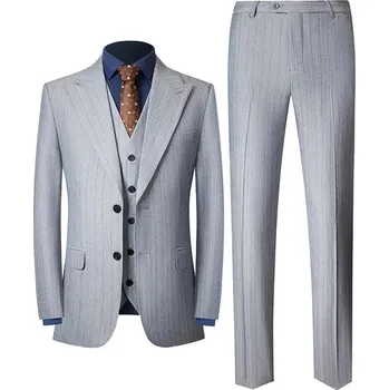 Best Fashion Pánský pruhovaný třídílný oblek pro business styl Velikost: S, Barva (Varianta): 677 Deep Space gray