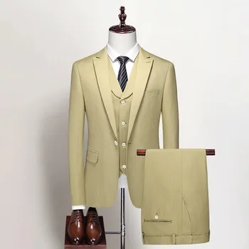 Pánský oblek Best Fashion Pánský pruhovaný třídílný oblek pro slavnostní chvíle Barva: Šampaňská, Velikost: XXS