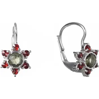 Náušnice Stříbrné náušnice s českým granátem a vltavínem, rhodiované - květina Zapínání: balónek