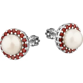 Náušnice Stříbrné náušnice s českým granátem a perlou, rhodiované - kruh Zapínání: balónek