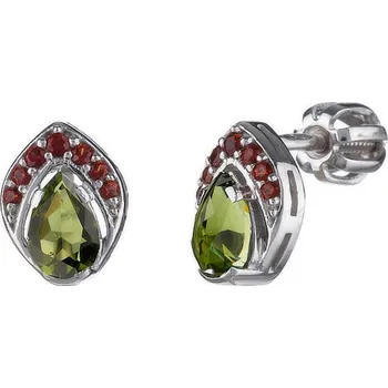 Náušnice Stříbrné náušnice s českým granátem a vltavínem, rhodiované - kapka Zapínání: puzeta