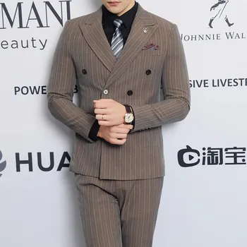 Best Fashion Pánský třídílný oblek s dvouřadým sakem Barva: Khaki, Velikost: 4XL