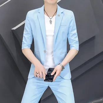 Pánský oblek Best Fashion Pánský letní oblek s moderním zkráceným rukávem Barva: Modrá, Velikost: 3XL