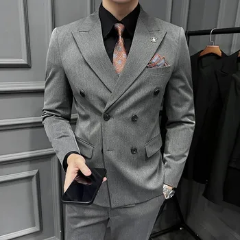 Best Fashion Pánský dvouřadý třídílný oblek pro svatební styl Barva: Šedá, Velikost: XL
