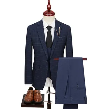 Pánský oblek Best Fashion Pánský kostkovaný oblek pro slavnostní příležitosti Barva: Tmavě Modrá, Velikost: S