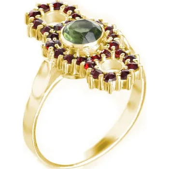 Prsten Stříbrný prsten s českým granátem a vltavínem, zlacený - kruh Velikost: 53
