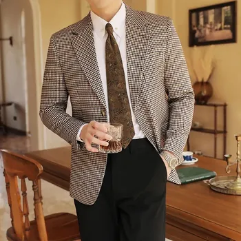 Best Fashion Pánské kostkované sako pro business styl Barva: Khaki, Velikost: XL