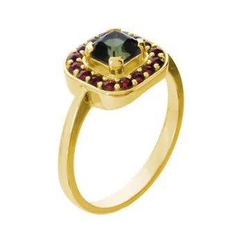 Prsten Stříbrný prsten s českým granátem a vltavínem, zlacený - čtverec Velikost: 56
