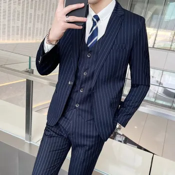 Best Fashion Pánský pruhovaný třídílný oblek pro eleganci Barva: Tmavě Modrá, Velikost: XL