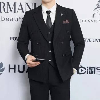 Pánský oblek Best Fashion Pánský třídílný oblek s dvouřadým sakem Barva: Černá, Velikost: 5XL