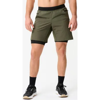 DOMYOS Pánské fitness kraťasy 2 v 1 prodyšné s kapsou na zip XL KAŠTANOVÁ|ZELENÁ|ČERNÁ