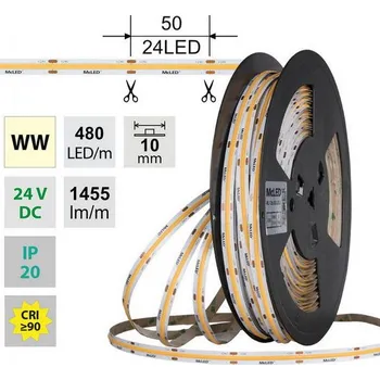LED páska LED pásek COB WW, 480LED/m, 15W/m, DC 24V, 1455lm/m, CRI90, IP20, 10mm, 50m