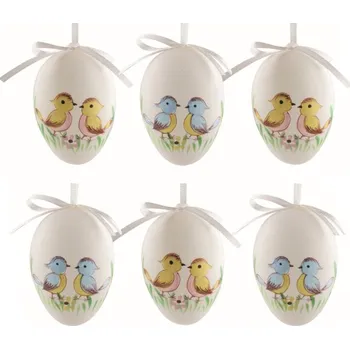 Velikonoční vejce plastová malovaní Ptáčci 6 cm na zavěšení, 6 ks v sáčku