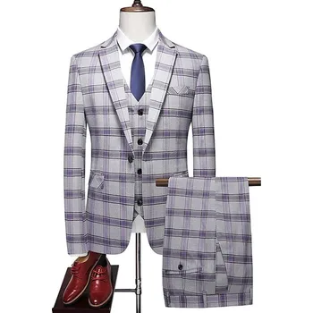 Best Fashion Pánský károvaný třídílný oblek pro formální styl Barva: Fialová, Velikost: M