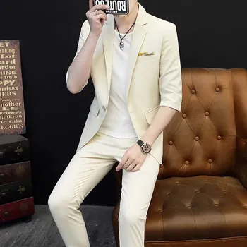 Best Fashion Pánský lehký letní oblek pro volný čas Barva: Khaki, Velikost: M