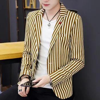 Best Fashion Pánské pruhované sako pro moderní elegantní vzhled Barva: Khaki, Velikost: XXS