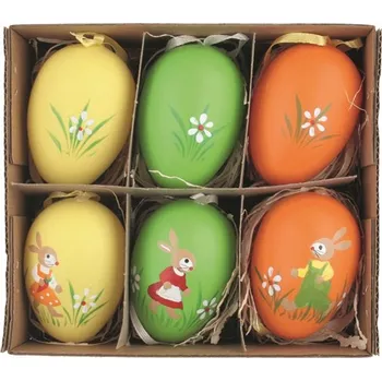 Bytová dekorace Sada velikonočních plastových vajec malovaní Zajíčci 6 cm na zavěšení, 6 ks v krabičce