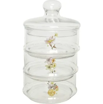 Dóza na potraviny Skleněná stohovatelná dóza s víkem s květy 3 patra 22,5cm