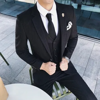 Best Fashion Pánský pruhovaný třídílný oblek pro eleganci Barva: Černá, Velikost: 3XS
