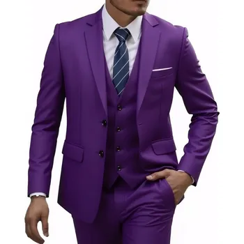 Pánský společenský třídílný oblek elegantní - Fialový 3XL Barva: Fialová, Velikost: 3XL