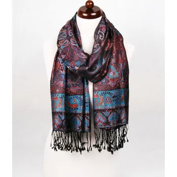 Šála Hedvábná šála Super velká černá s oranžovou a tyrkysovou