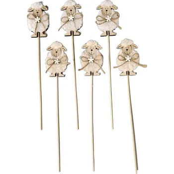 Velikonoční dekorace Zápich dřevo, plst 6ks 60x55 mm beránek+špejle mix, béžová, bílá