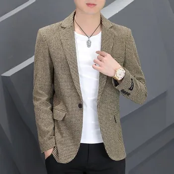 Best Fashion Pánské sako kohoutí stopa pro svatby a společenské akce Barva: Khaki, Velikost: M