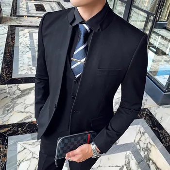 Best Fashion Pánský elegantní třídílný oblek se stojáčkem Barva: Černá, Velikost: S