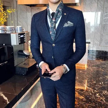 Pánský oblek Best Fashion Pánský pruhovaný třídílný oblek pro formální události Barva: Modrá, Velikost: S