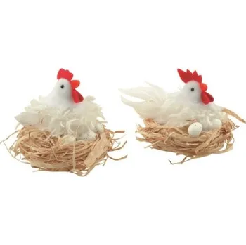 Velikonoční dekorace Slepička bílá střapatá v hnízdě 12cm