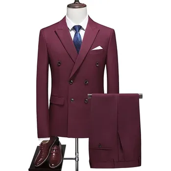 Best Fashion Pánský dvouřadý oblek v elegantním stylu Barva: Vínová, Velikost: L