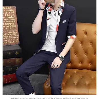 Best Fashion Pánský letní oblek s krátkým rukávem Barva: Modrá, Velikost: XS