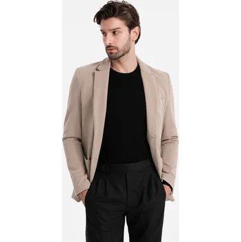 Elegantní pánské strukturované pletené sako ve fitted střihu - béžové V2 OM-BLZB-0129 - S