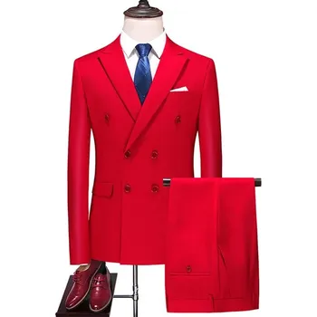 Pánský oblek Best Fashion Pánský dvouřadý oblek v elegantním stylu Barva: Červená, Velikost: XXS