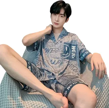 Pánské pyžamo Pánské pyžamo Tričko s krátkým rukávem a kraťasy Zapínání na knoflíky s límečkem Polyester hedvábí Šedé s potiskem emoji L