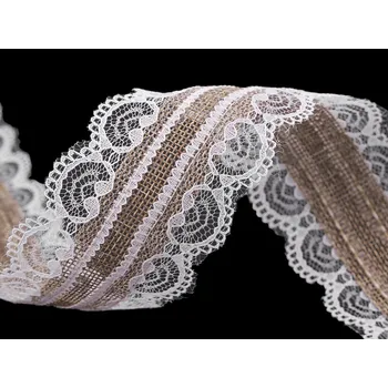 Stuha Jutová stuha s krajkou šíře 55 mm, střední, režná přírodní bílá