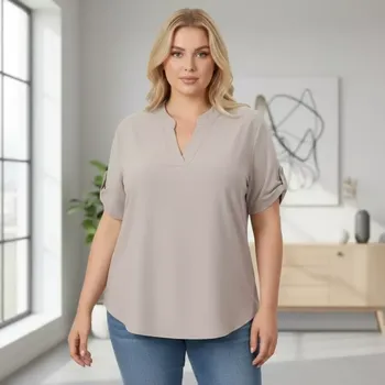 Dámská košile Dámská béžová košile styl Italská móda s krátkým rukávem uni velikost L - XXL O3000