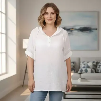 Dámská tunika Dámská bílá dlouhá bavlněná mušelínová tunika s kapucí nadměrná velikost - italská móda M1748