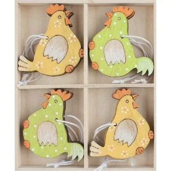 Velikonoční dekorace Kohout dřevěný 6 x 5,5 x 0,5 cm na zavěšení, 8 ks v krabičce